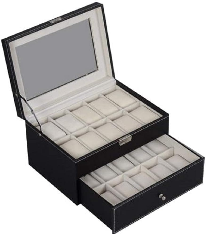 KRETIX Leather material Watch Box for Unisex, Women Double Layer Watch Box 20 Slots with High Capacity (Black Color)