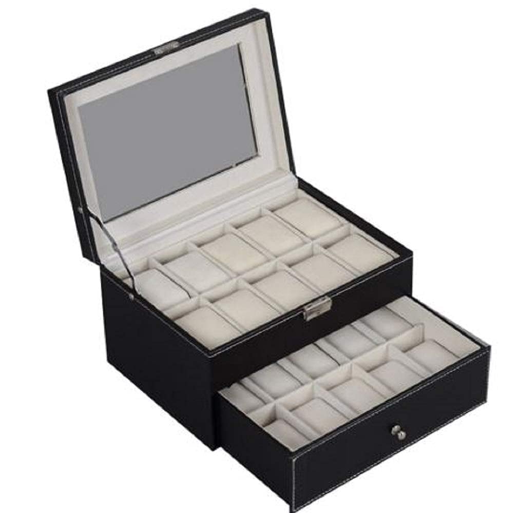 KRETIX Leather material Watch Box for Unisex, Women Double Layer Watch Box 20 Slots with High Capacity (Black Color)