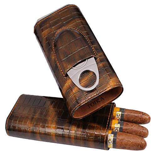 TOIKA Sturdy Travel Cigar Case,3- Finger Elegant Leather Small Cigar Humidor with Cedar Wood Lined and Cutter