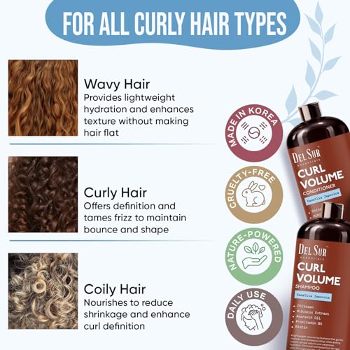 Image of DEL SUR Curly Hair Shampoo and Conditioner Set | Curl Defining, Volume & Hydration | 16 fl oz Each | with Camellia Japonica, Hibiscus & Amaranth Oil | For Curly, Wavy & Coily Hair | Women & Men