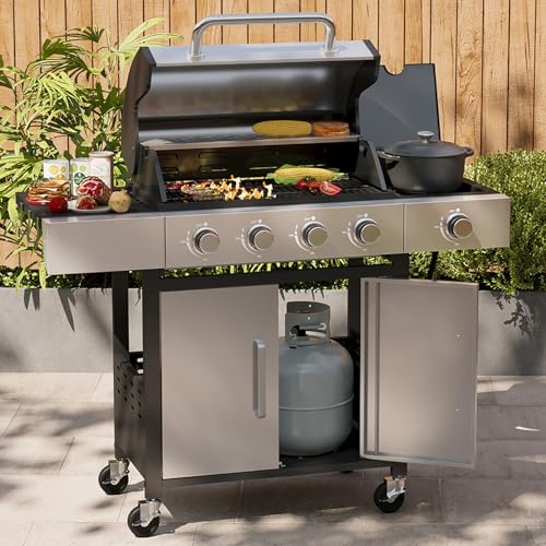 Aoxun 4-Burner Propane Grill with Side Burner, 49000 BTU Gas Grill, Stainless Steel Outdoor Grill with Cast Iron Grates & Side Tables for Backyard, Patio, Camping, Black and Silvery