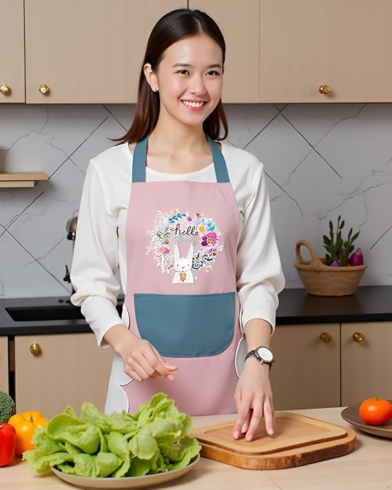 Image of Apron For Kitchen Cotton Kitchen Apron Set with Front Pocket Floral Bunny Design, Cooking Printed Apron For Women [ 1-pcs ]