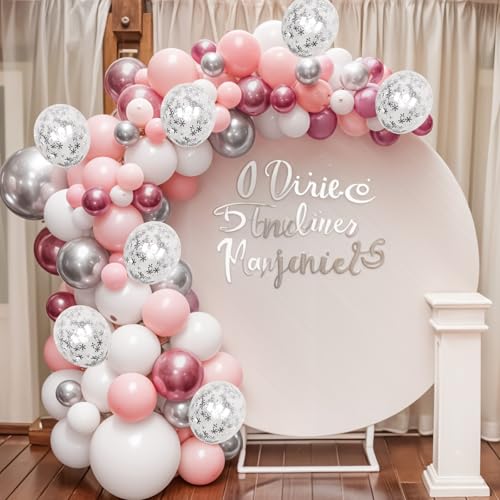 Image of Pink Winter Wonderland Balloons, 60PCS Pearl White & Pink Double Stuffed Balloons, Metallic pink Silver and Snow Balloon for Princess Ice Wonderland Baby Shower Christmas Birthday Party Decorations