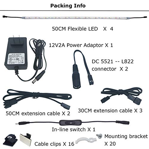 Litever 4-Flex-Strip Under Cabinet LED Lighting Kit, 4 PCS 20 Inches Flexible LED Strips, 16W,1200 Lumen, Daylight 5000K (4-Strip-5000K) + Extra 5 pcs 20" Extension Cables - Thumbnail 4