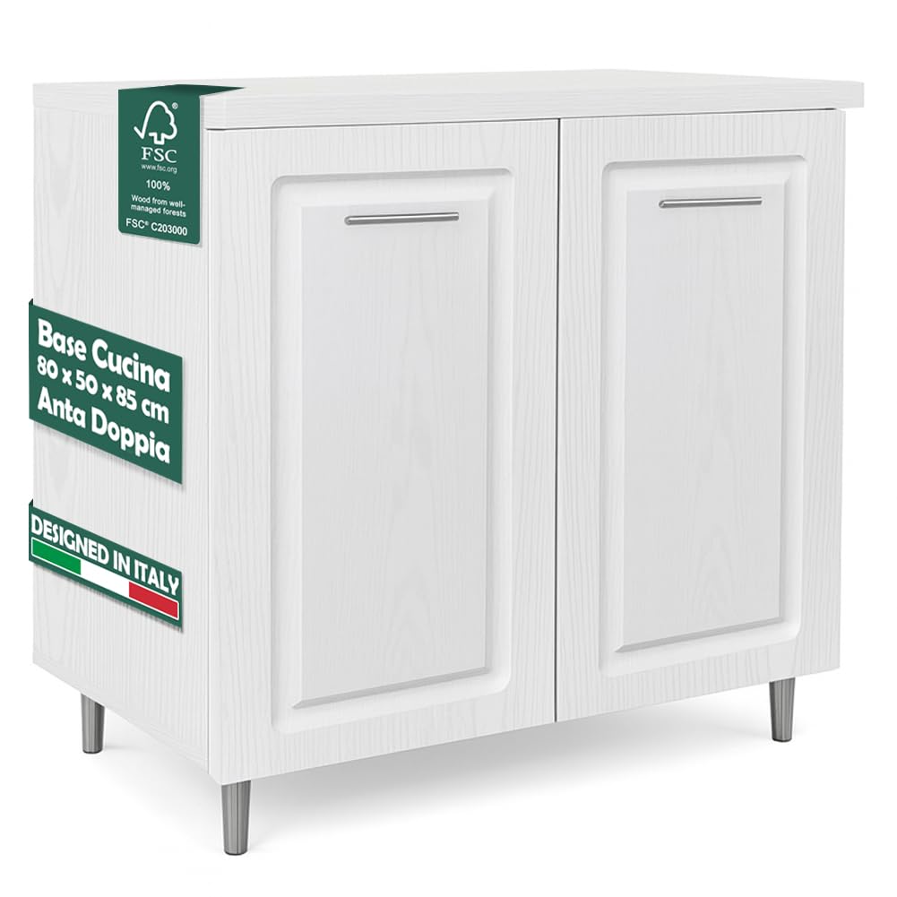 Shally Dogan Mobile Base per Cucina con Due Ante e Due Scomparti Design Boiserie, Mobiletto con Struttura in Legno Robusta e Resistente, Mobile Componibile, 80 x 50 x 85H cm (Bianco Frassinato)