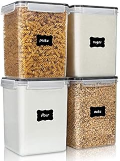 Large Food Storage Containers 5.2L / 176oz, Vtopmart 4 Pieces BPA Free Plastic Airtight Food Storage Canisters for Flour, Sugar, Baking Supplies, with 4 Measuring Cups and 24 Labels, Black