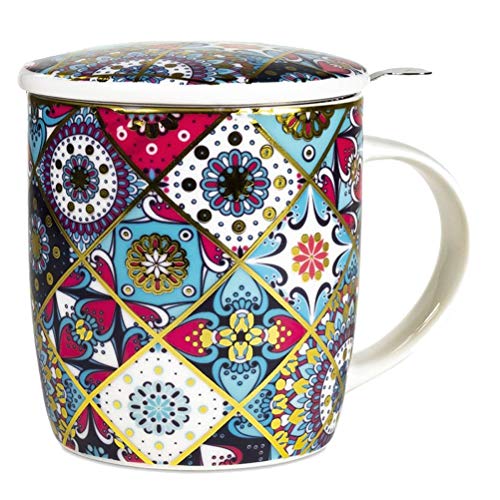 Mug Mandala orientaleConfezione regalo con tazza 400 cc, coperchio e infusore inox - Porcellana Bone China geometrie