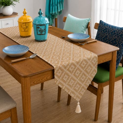 Image of STITCHNEST 'Nomad Weave Collection' Jacquard Table Runner 13x72 Inches| Tassel Finish | Modern Dining Table Decor