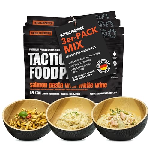 Tactical Foodpack 3er Set Mix – Fertiggerichte für Notfallrucksack & Outdoor – Gefriergetrocknetes Essen Camping Set – Nudeln mit Hähnchen, Pilzrisotto & Pasta mit Lachs und Weißwein