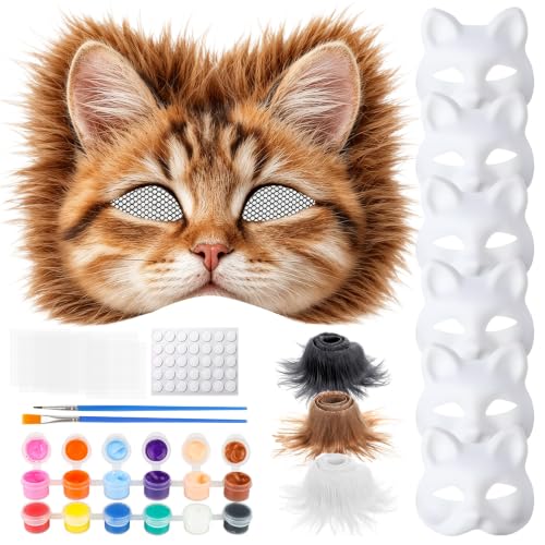 Zhumang-Eur 6 Stück Therian Mask DIY Set Katzenmaske mit Augen Mesh und Pelz Bart Leere Halbe Gesichts Katzenmasken zum Basteln für Halloween Maskerade Maskenball DIY Cosplay