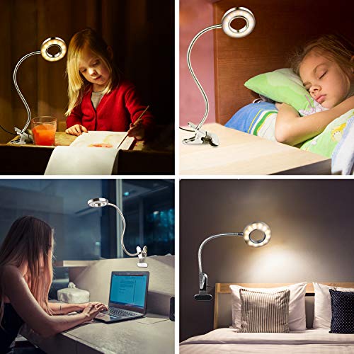 Led Clip Reading Light, 24 LEDs USB Clip on Lamp with 3 Color Mode and 10 level dimmer, Eye Care Lamp with 360 ° Flexible Gooseneck, Memory Function&Auto Off Function Book Light