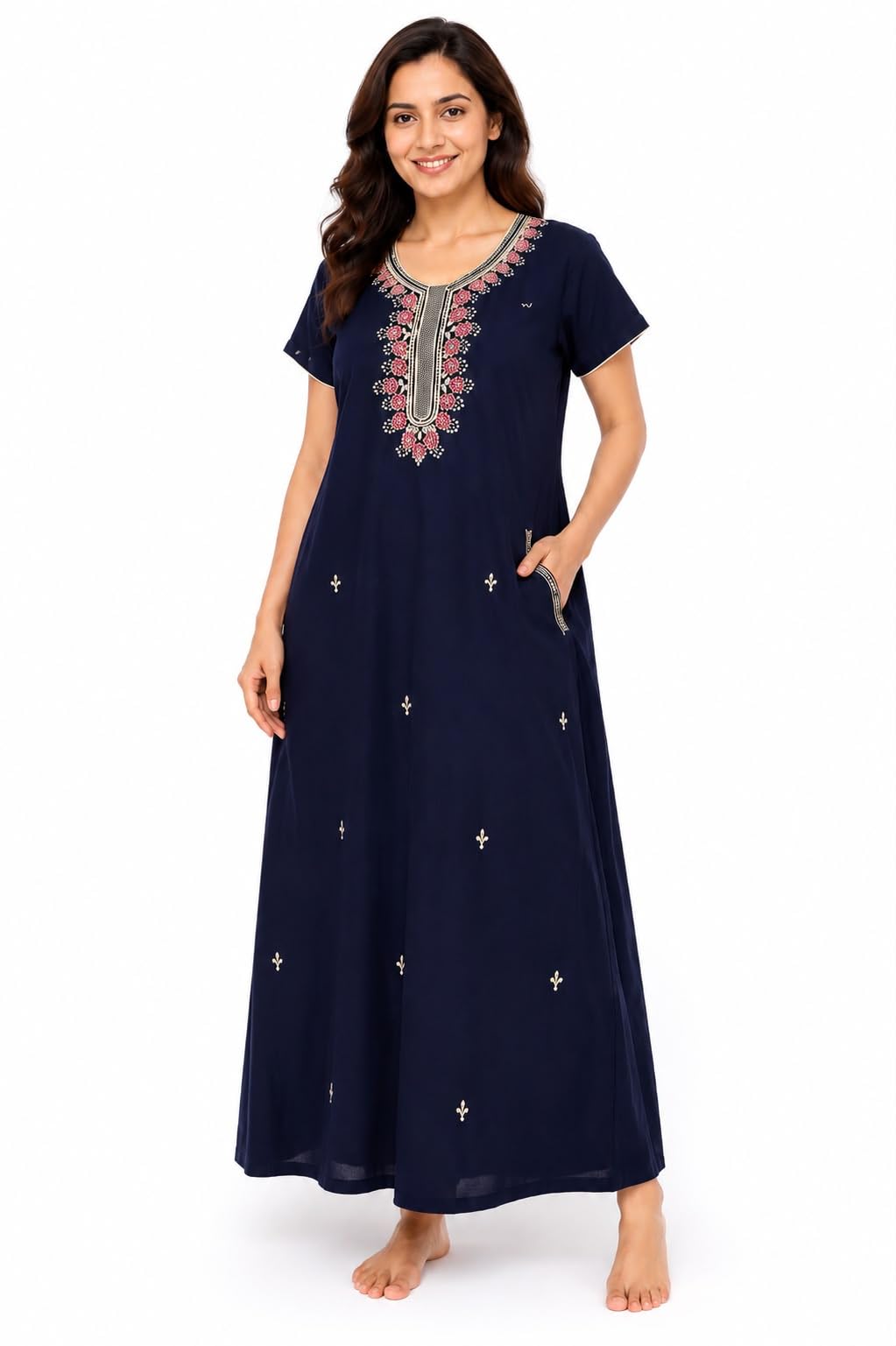 Women’s Premium Cotton Side Pockets Nighty Floral Printed Long Gown Elegant Embroidered Design Soft Breathable Comfort Fit Sleepwear-image-44