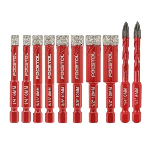 FOCSTOL Juego Brocas Diamante - Broca Corona Diamante + Broca Carburo con Cambio Rápido con Mango Hexagonal para Gres Porcelánico Cerámica Mármol Granito 10 piezas (6mm*2+8mm*2+10mm*2+12mm*2+6mm*2)