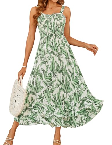 GRACE KARIN Women's 2026 Summer Floral Boho Dress Square Neck Strapped Swing A Line Sundress Beach Long Maxi Outfits Green Leaf L
