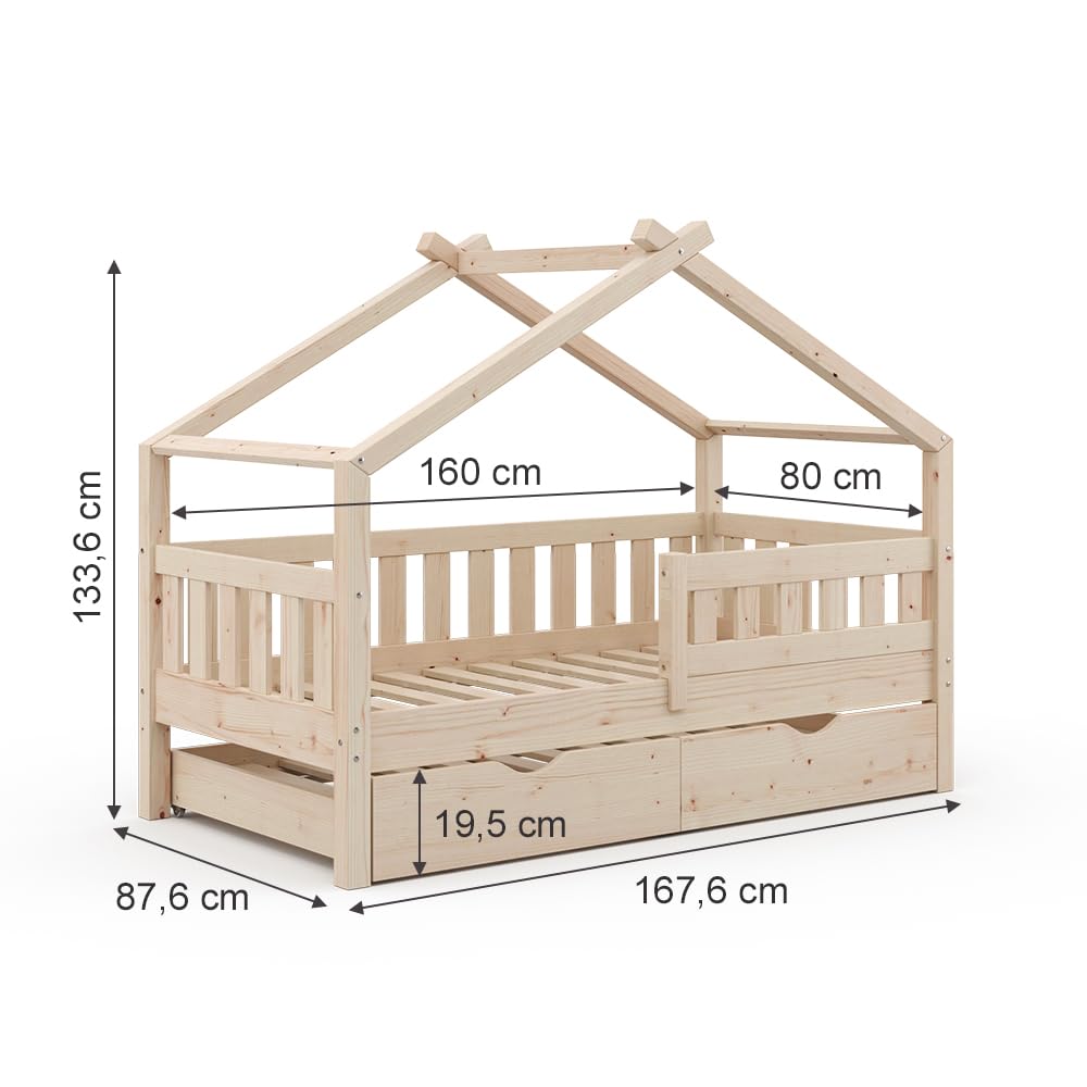 VitaliSpa Cama en Forma de casa Design, Madera Natural, 80x160 cm