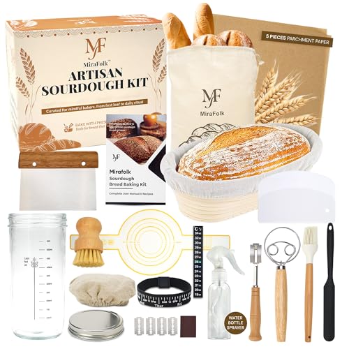 MiraFolk Sourdough Starter Kit – Bread Making Kit with 10in Oval Proofing Basket with Cloth Liner, Jar, Dough Whisk, Dough Scraper, Bread Making Tools – Baking Accessories for Kitchen