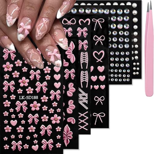 SEMATA Bow Flower Nail Art Stickers 5D Embossed Nail Decals with Pearls Rhinestones Stickers Spring Summer 3D Self Adhesive Bow Nails Decoration Supplies Gems Sticker for Women Nails Design
