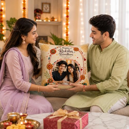 Image of Personalized Photo Pillow 12x12 Inch Cushion with Cover & Filler - Custom Gift for Birthday, Anniversary, Couple, Girlfriend, Boyfriend, Husband, Wife, Friends. (RakhiPilow-02)