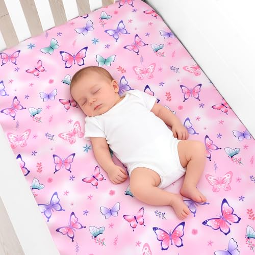 Image of JISEN 3 Piece Crib Bedding Set Soft Baby Butterfly Crib Comforter Set with Comforter, Sheet, Pillowcase - Nursery Bedding for Boys or Girls Pink