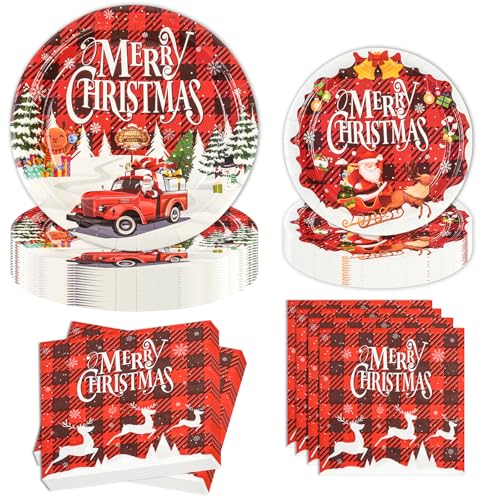 60 piezas de platos de papel de Navidad, platos temáticos de Navidad, manteles, cubiertos y Papá Noel para la decoración de la fiesta de Navidad, para 20 invitados