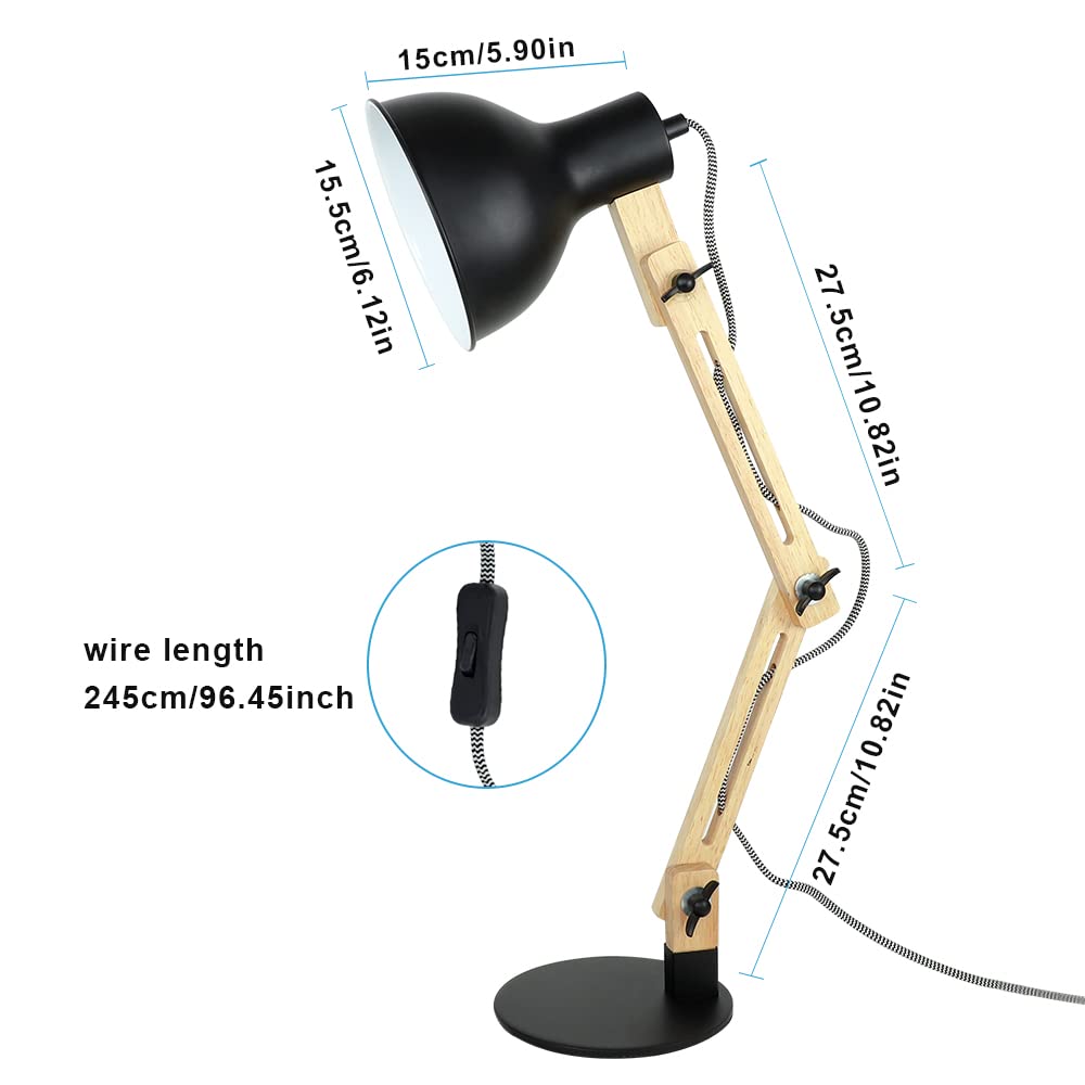 DLLT Wooden Swing Arm Led Desk Lamp, Wood Architect Table Lamp, Pixar