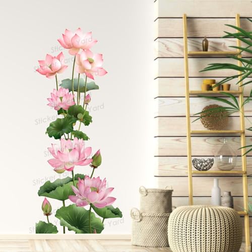 Image of Sticker Yard PVC Vinyl Green Lotus Flower Floral Self-Adhesive Wall Sticker for Home Decor /Decoration - Living Room, Bedroom, Kids Room (Multicolor,Size 41X95CM)