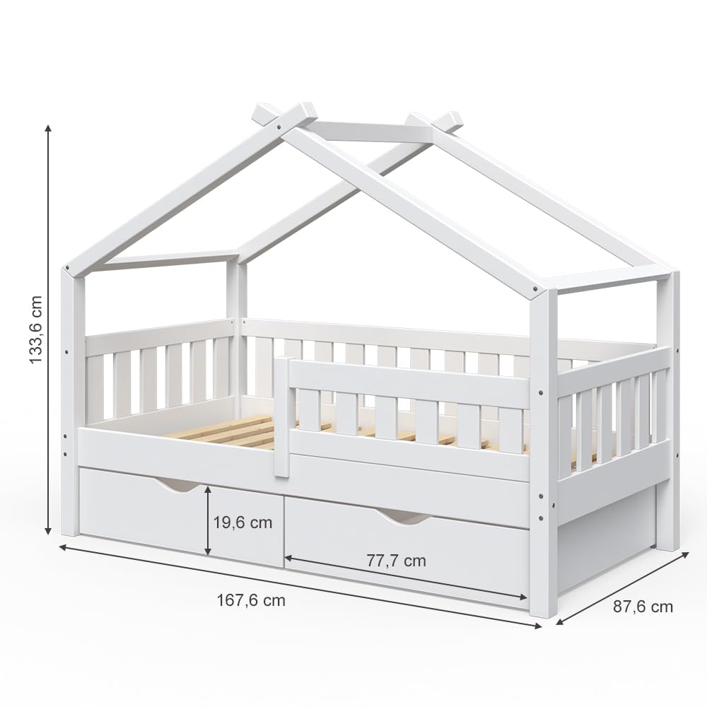 VitaliSpa Hausbett Design, Weiß, 80x160 cm | mit 2 Schubladen, geeignet als Spiel- und Schlafbereich für Kinder