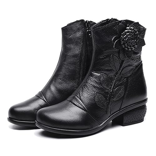 Women's Leather Mid Calf Half Boots Ethnic Floral Round Toe Block Low Heel Ankle Booties with Side Zipper2