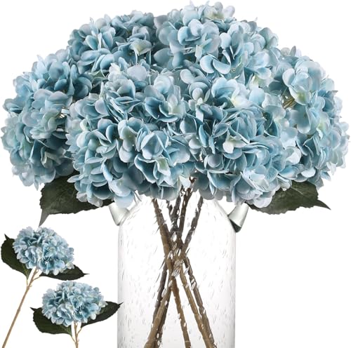 Kisflower 6 Pcs Soie Hortensia Fleurs Artificielles Réaliste Hortensia Fleurs Bouquet pour Fête De Mariage Bureau Décor À La Maison (Bleu)