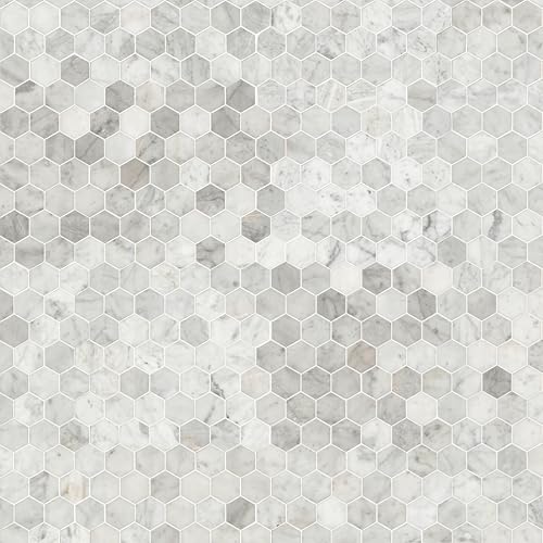MSI Carrara White 12 x 11.75 Inch Honed Marble Hexagon Tile for Kitchen Backsplash, Bathroom Wall, Shower - 2 Inch Hexagon, Mesh Mounted Mosaic