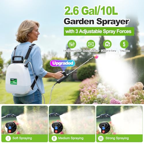 Image of Battery Powered Sprayer 2.6 Gallon, Backpack Sprayer with 3 Adjustable Forces, Battery Indicator, 5 Mist Nozzles, 41 inch Retractable Wand, USB Rechargeable Garden Sprayer for Weed Lawn Yard