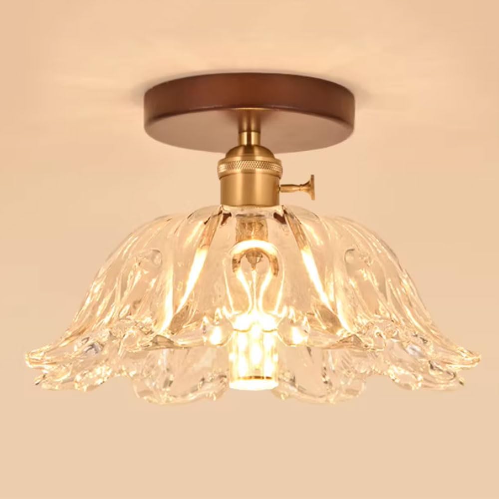 LANTANB Flower Shape Glass Ceiling Light for Hallways, French-Style Entrance Light Fixtures Study Japanese-Style E26 Socket Semi Flush Mount Ceiling Light Foyer Lights for Master Bedroom Hallway