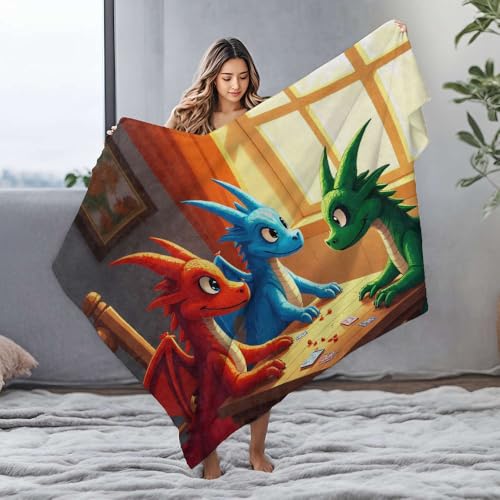 PKRD Couverture en flanelle Motif trois dragons jouant aux cartes par la fenêtre Grand format 150 x 200 cm