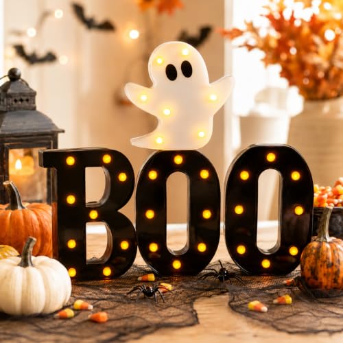 InnovTools Halloween BOO Light Up Letters with Ghost Sign Halloween LED Marquee Spooky Room Decor for Home Table Centerpieces Wall Display Battery Operated BOO Ghost Light Indoor Outdoor Decorations