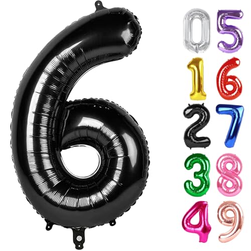 Image of Black Number 6 Balloon 40 Inch, 6th Birthday Party Decorations, Giant 6 Foil Balloon for Party Supplies