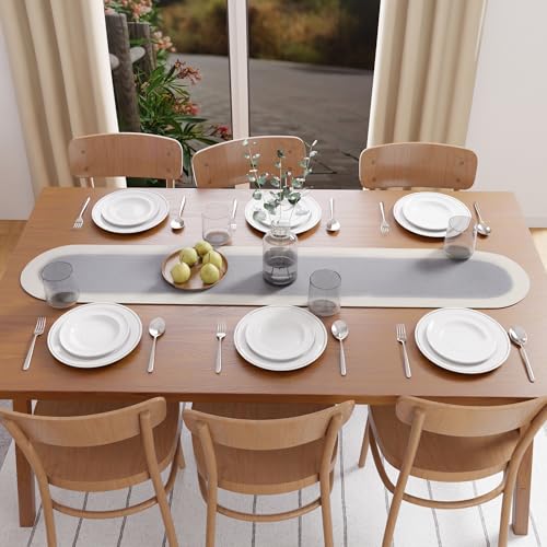 Image of Encasa XO Table Runner for 4 Seater | Handmade Ribbed Style Cotton | 30x137 cm | Light Grey & Off White | for Dining & Center Table