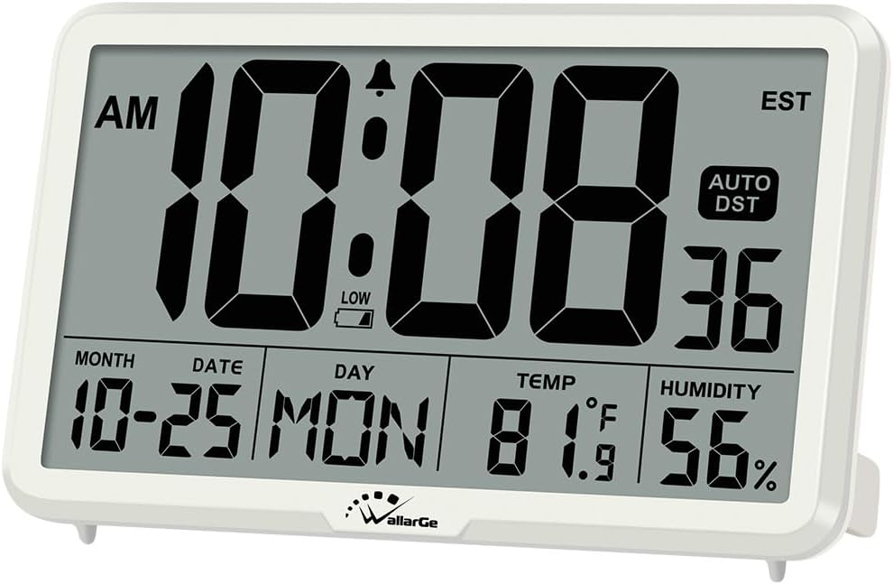 WallarGe Auto Set Digital Wall Clock Battery Operated Temperature Humidity Date Desk Clock Large Display Digital Calendar Alarm Clock Elderly Bedroom Office 8 Time Zones Automatic DST