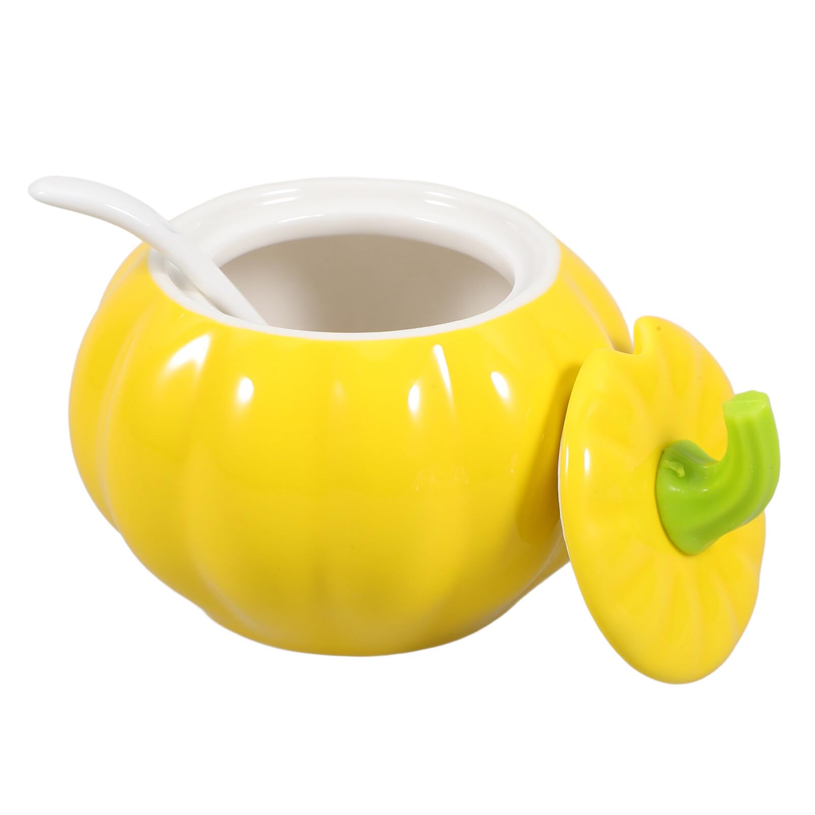 Cabilock Sugar Bowl with Lid and Spoon, Pumpkin Shape Ceramic Jar Tea Kitchen Canister Soup Bowl Condiment Pot Food Storage Container for Flour Coffee Bar Ghee Yellow