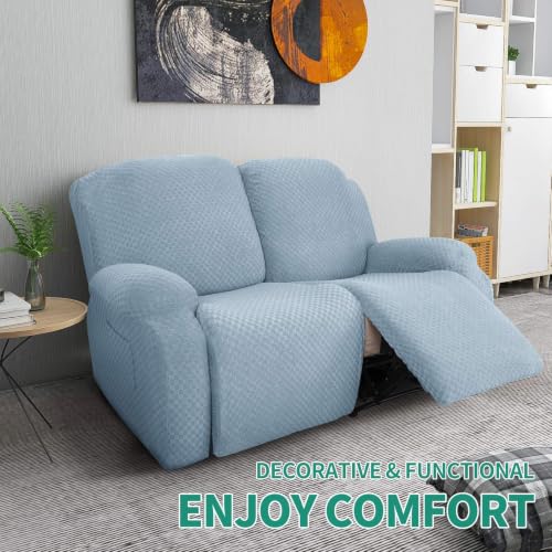 Image of YEMYHOM 6 Pieces Stretch Loveseat Recliner Slipcover Jacquard Recliner Sofa Cover with Side Pocket Fitted Recliner Cover Couch Furniture Protector with Elastic Bottom (Loveseat Recliner, Light Blue)