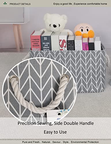 Image of Rectangular Thick Collapsible Grey Chevron Storage Bin | Sturdy Thick linen EVA fabric,soft cotton rope handles, large chevron print for bedroom, closet, bathroom supplies