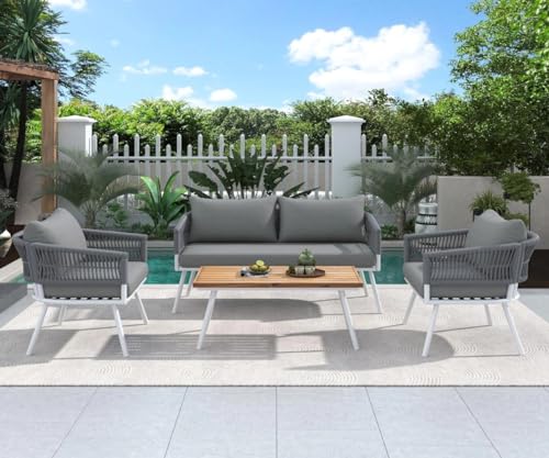 Image of 4 Outdoor Sofa Garden Balcony Sofa Patio Conversation Sofa Set with Coffee Table Wood Top for Living Room Lown Pool Rope Outdoor Chair Set-with-Wood-Table-for-Backyard(Grey)