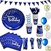 DYLIVeS 204 PCS Blue and Gold Dots Happy Birthday Party Decorations Packs for 24 Guests, Gold Foil Themed Party Supplies Favors Set, Include Banner, Plates, Cups, Napkins, Straws, Balloons, Cutlery