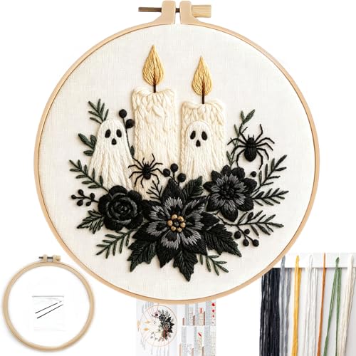 FONNUY Halloween Embroidery Kits for Beginners Skull Pumpkin Spider Web Floral Stamped Cross Stitch Kit for Adults Spooky Season Boho Wall Decor 8 Hoop (Candles)