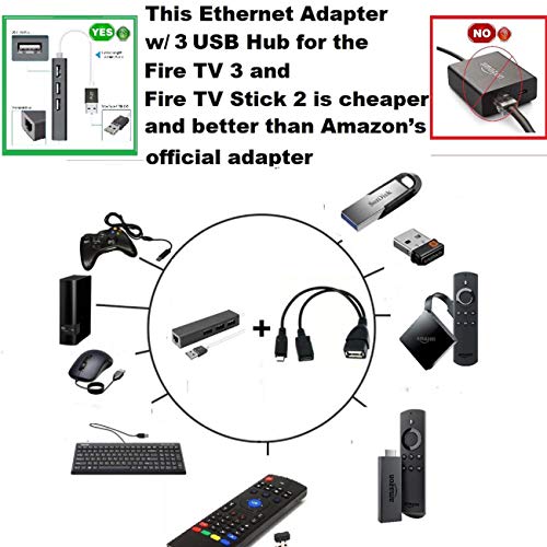 3 adaptadores USB Hub LAN Ethernet + cabo USB OTG para Fire Stick 2ND Gen ou Fire TV3 (preto)