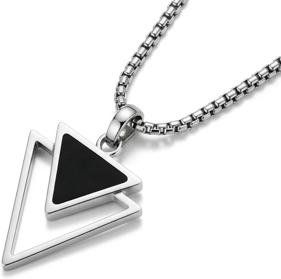Galis Mens Necklace - Premium Stainless Steel Silver Chain Necklace, Non Tarnish, Chains, Triangle, Cross, Black Enamel, Compass Pendant, Stylish Jewelry - Gift for Him 24"
