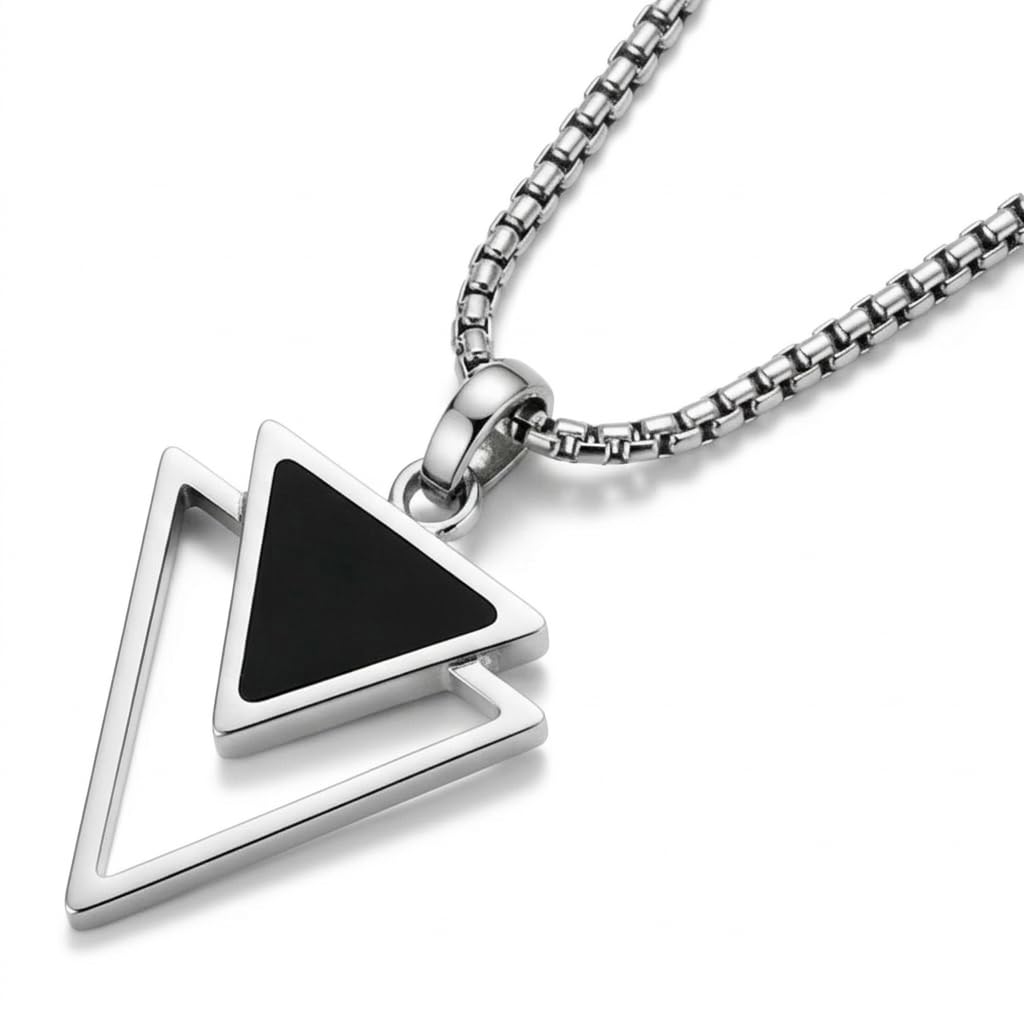 Mens Necklace - Premium Stainless Steel Silver Chain Necklace, Non Tarnish, Chains, Triangle, Cross, Black Enamel, Compass Pendant, Stylish Jewelry - Gift for Him 24"