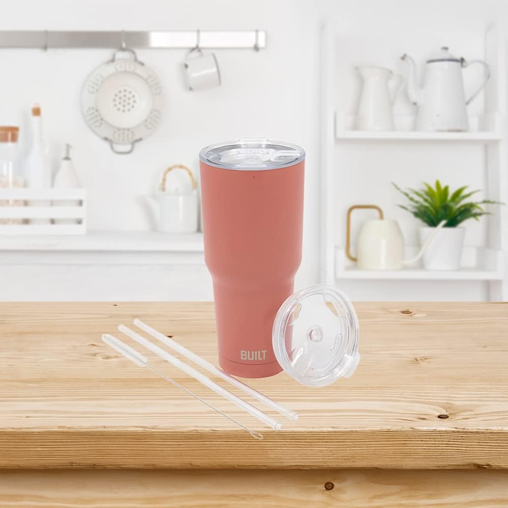 BUILT Double Walled Stainless Steel Tumbler Set with Replacement Lid, 2 Reusable Tritan Wire Straw Cleaning Brush in Gift Box, 30-ounces, Burnt Coral - Image 7