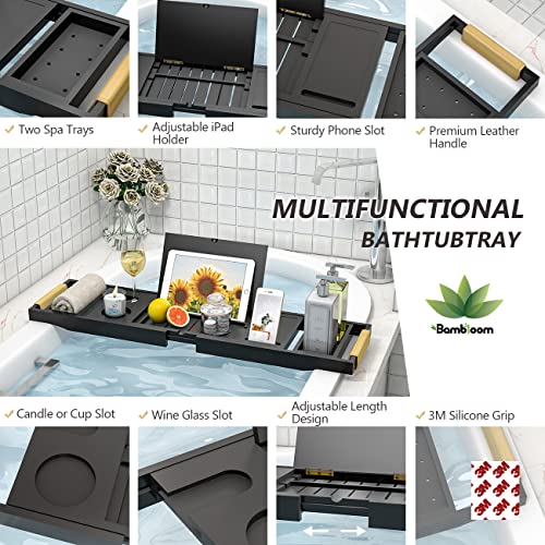 Bathtub Tray Bath Caddy Tray For Tub - Expandable Board And Book Stand Premium Leather Grip And Non-Slip Pat For Luxury Bath Bamboo Bathtub Table Tray For Home Spa And Gift Choice (Black) #TOP2