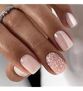 Short Press on Nails French Square Fake Nails, Acrylic Nails, Shiny Glossy False Nails Kits Super...