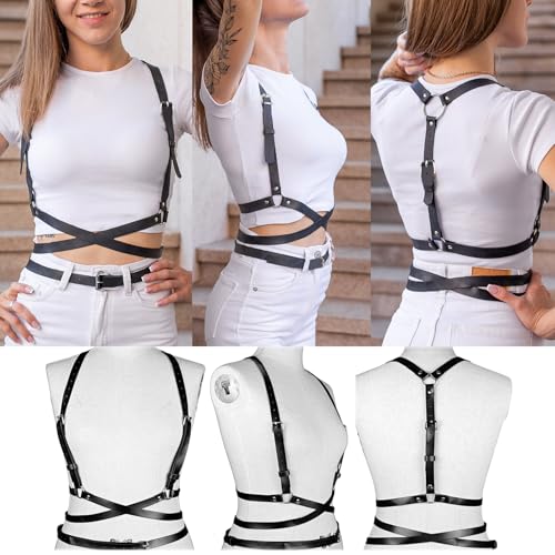 Punk Waist Belt Fashion Strap Gothic Black Leather Waist Belts Leather Chest Harness Belt for Women Gothic Body Adjustable Waist Belts Rave Party Accessories3